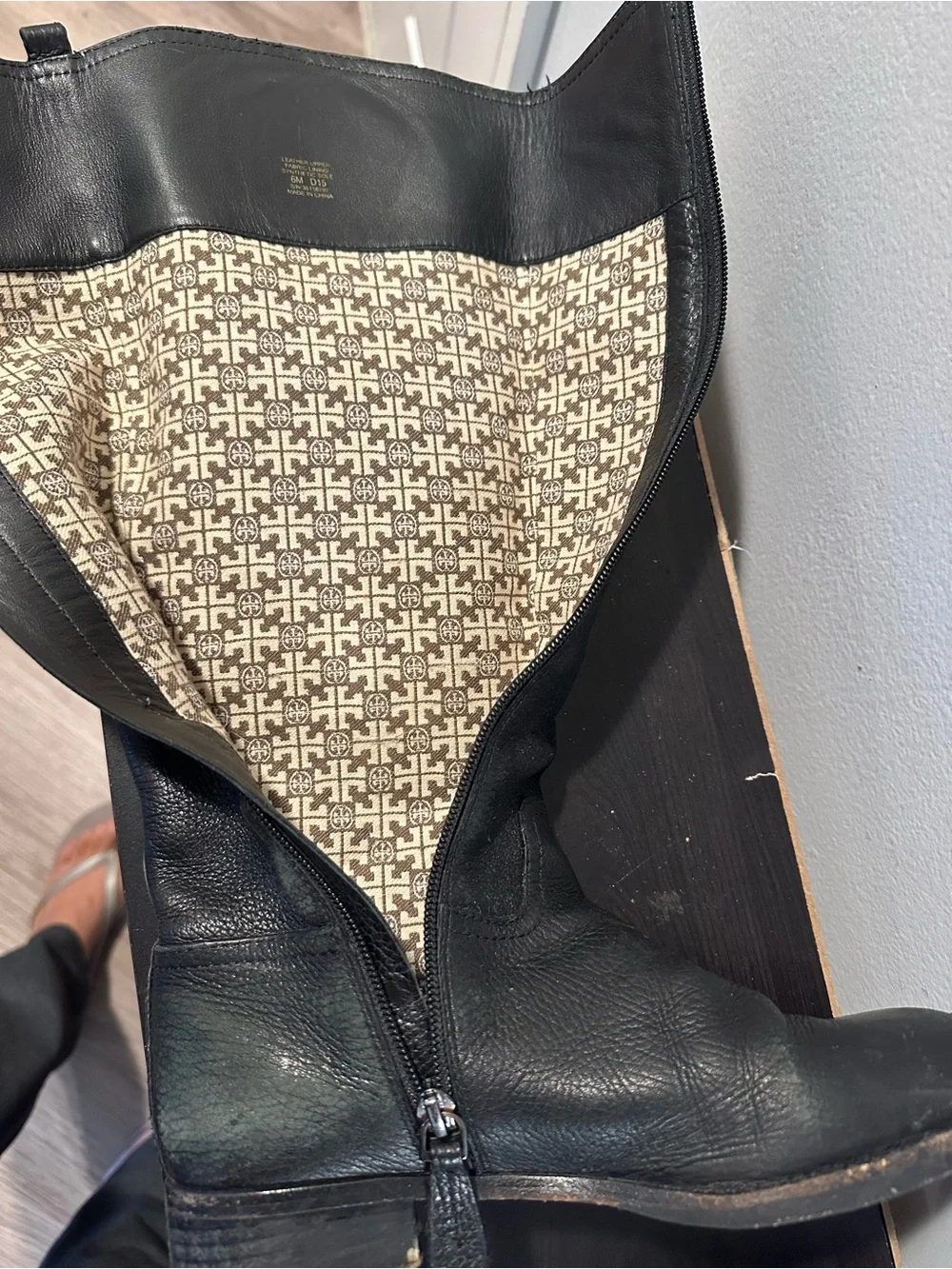 Tory Burch Black Leather Knee-High Logo Riding Boots
